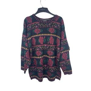 VTG 80s 90s Stefano International Black Rose Floral Knit Sweater Pullover M